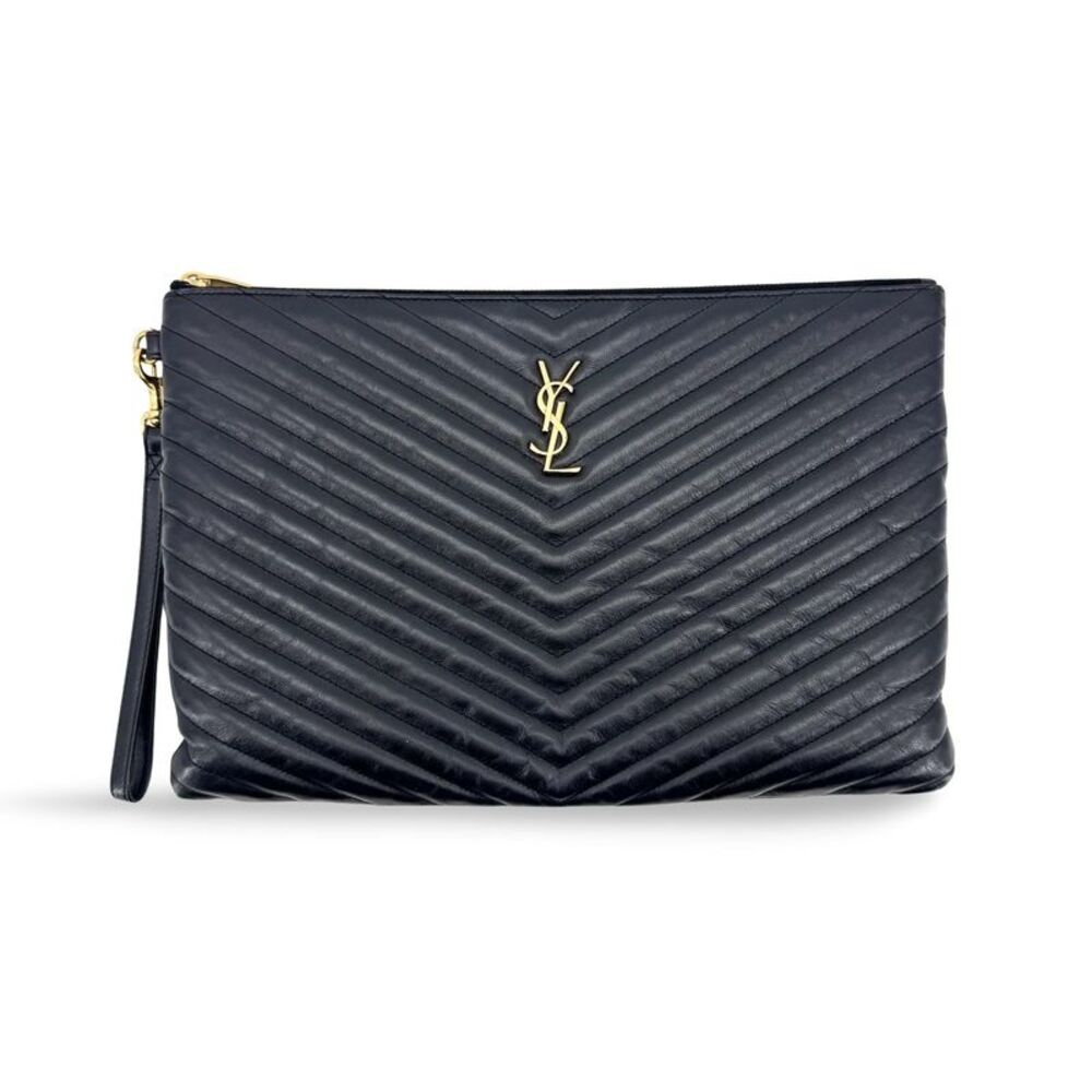 Saint Laurent Monogram Matelassé Document Holder Clutch Black Gold Hardware